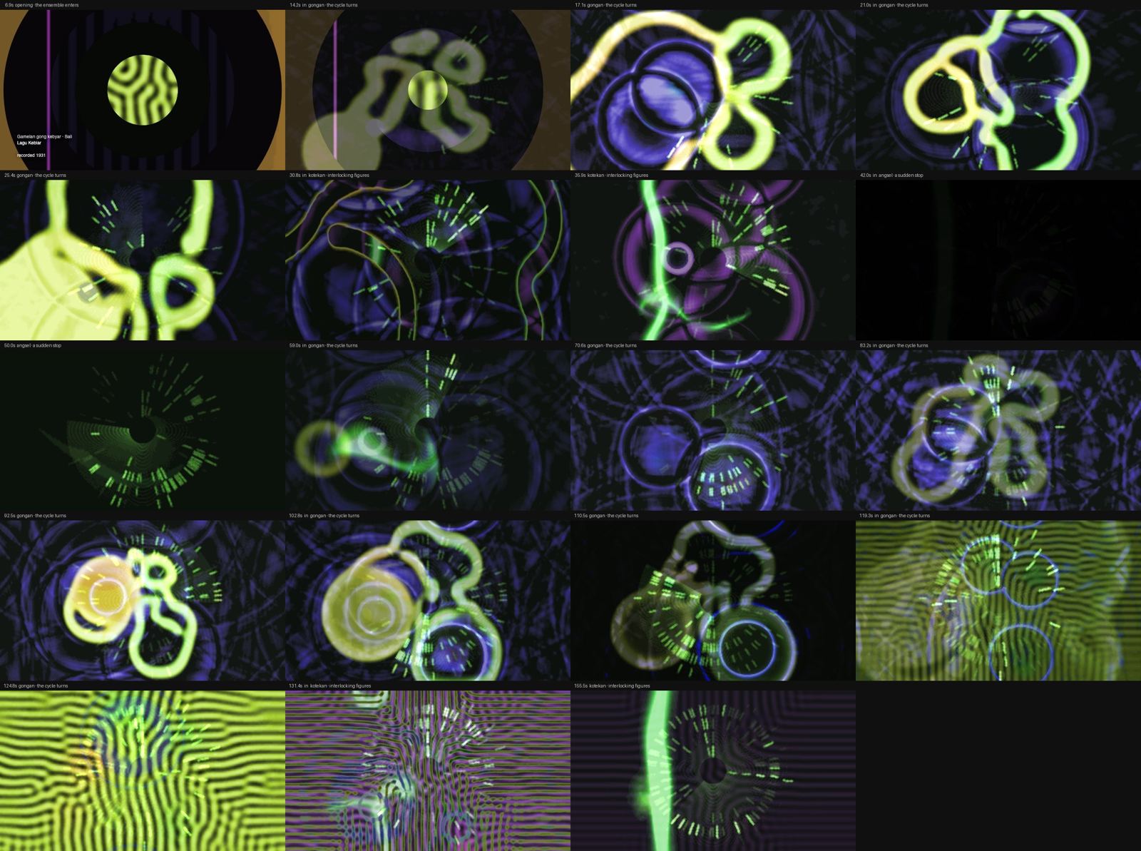 A contact sheet of the gamelan draft: cycle strokes, slime loops and ripple rings across twenty frames