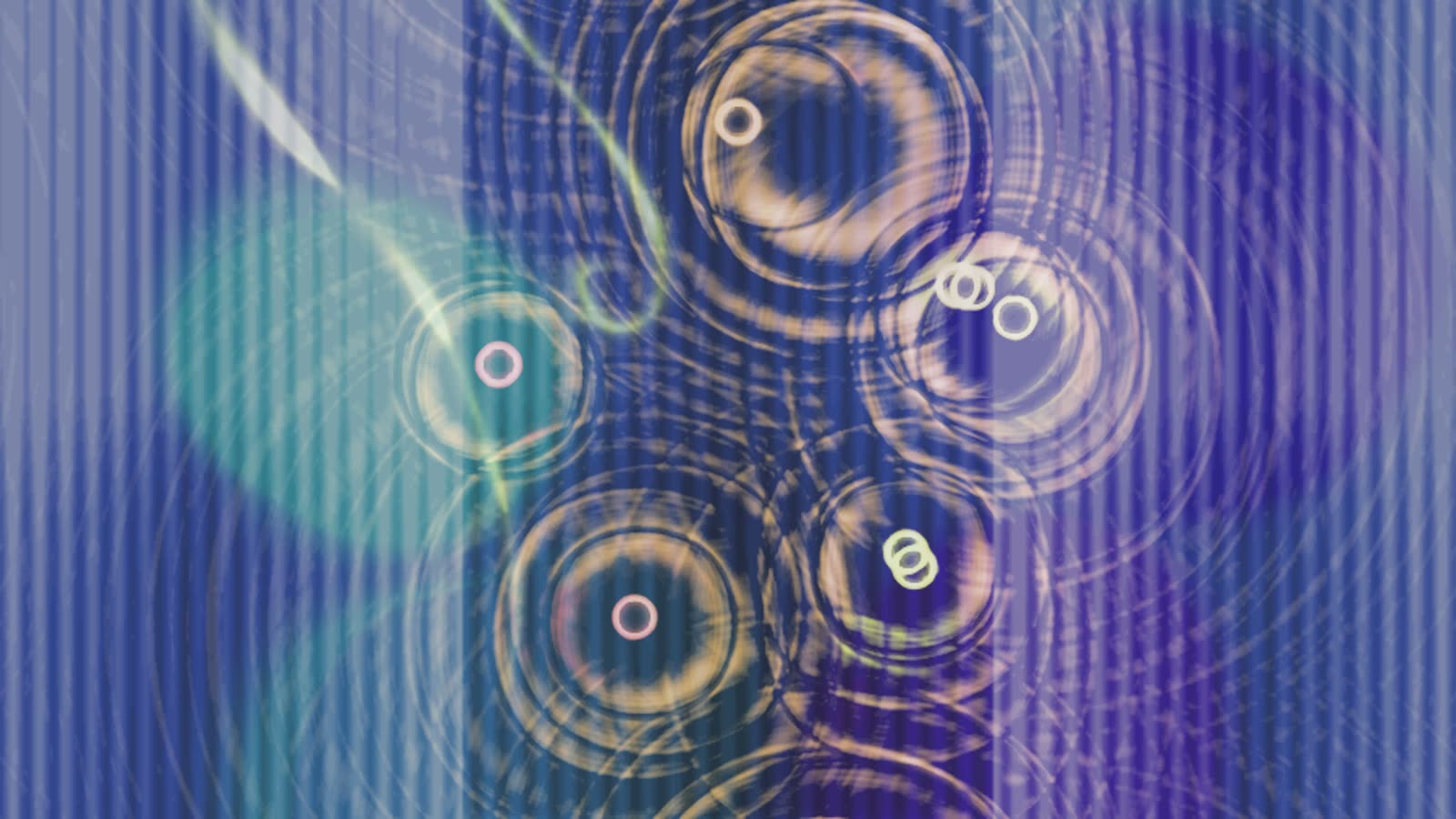 A frame from the Beethoven video: blue vertical strata with orange rings spreading from each note and thin pale slime trails.