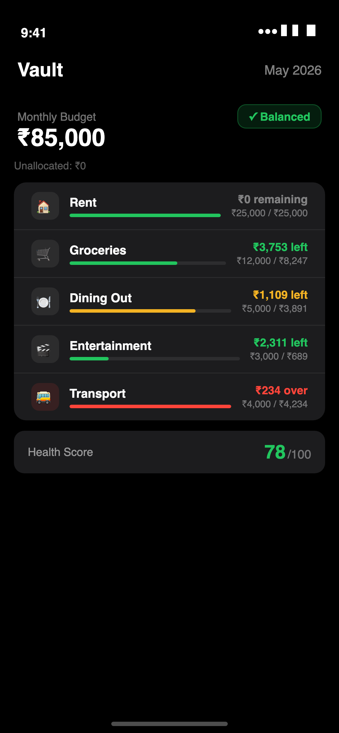 Vault main screen
